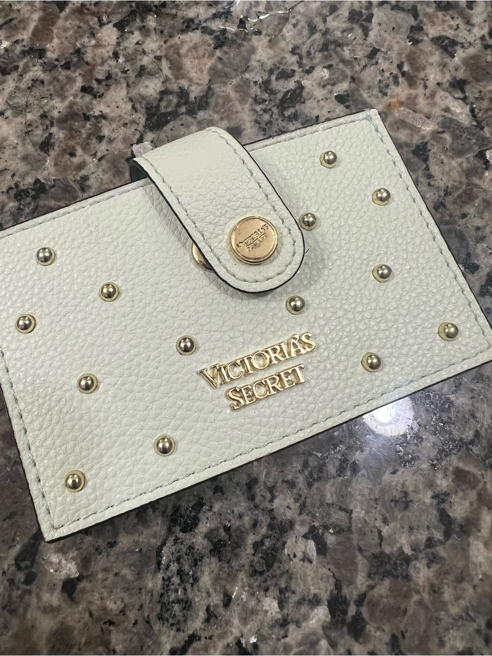 Victoria's Secret Cream Studded Snap Card Holder with Gold Hardware